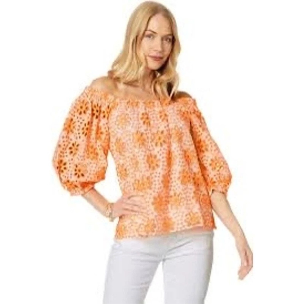 Lilly Pulitzer Kerrigan Elbow Sleeve Eyelet Top – Size XS – Cantaloupe Funflower